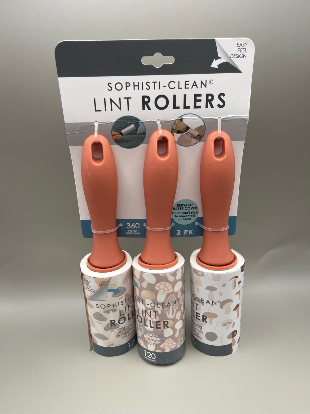 Sophisti-Clean Lint Rollers - 3 Pack - Terracotta Handles (Mushroom Print) - Picture 1 of 3